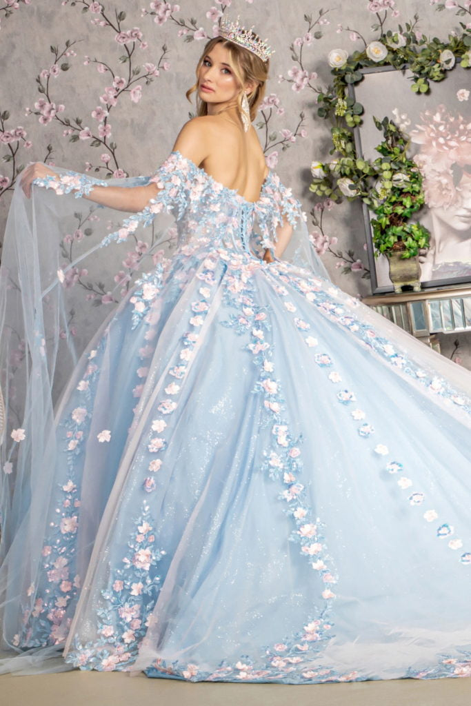 3-D Flower Sheer Bodice Mesh Ball Gown w/ Side Mesh Long Drapes-2