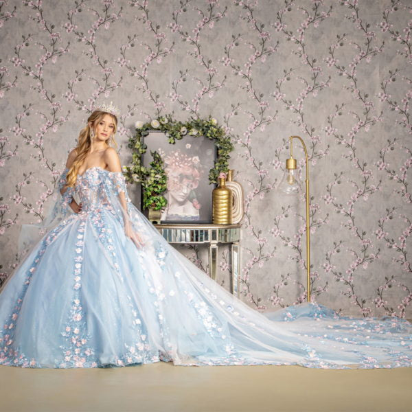 3-D Flower Sheer Bodice Mesh Ball Gown w/ Side Mesh Long Drapes-3