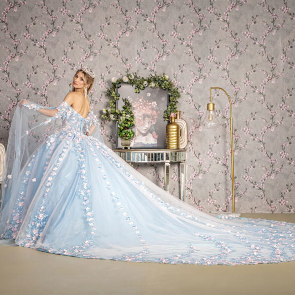 3-D Flower Sheer Bodice Mesh Ball Gown w/ Side Mesh Long Drapes-4
