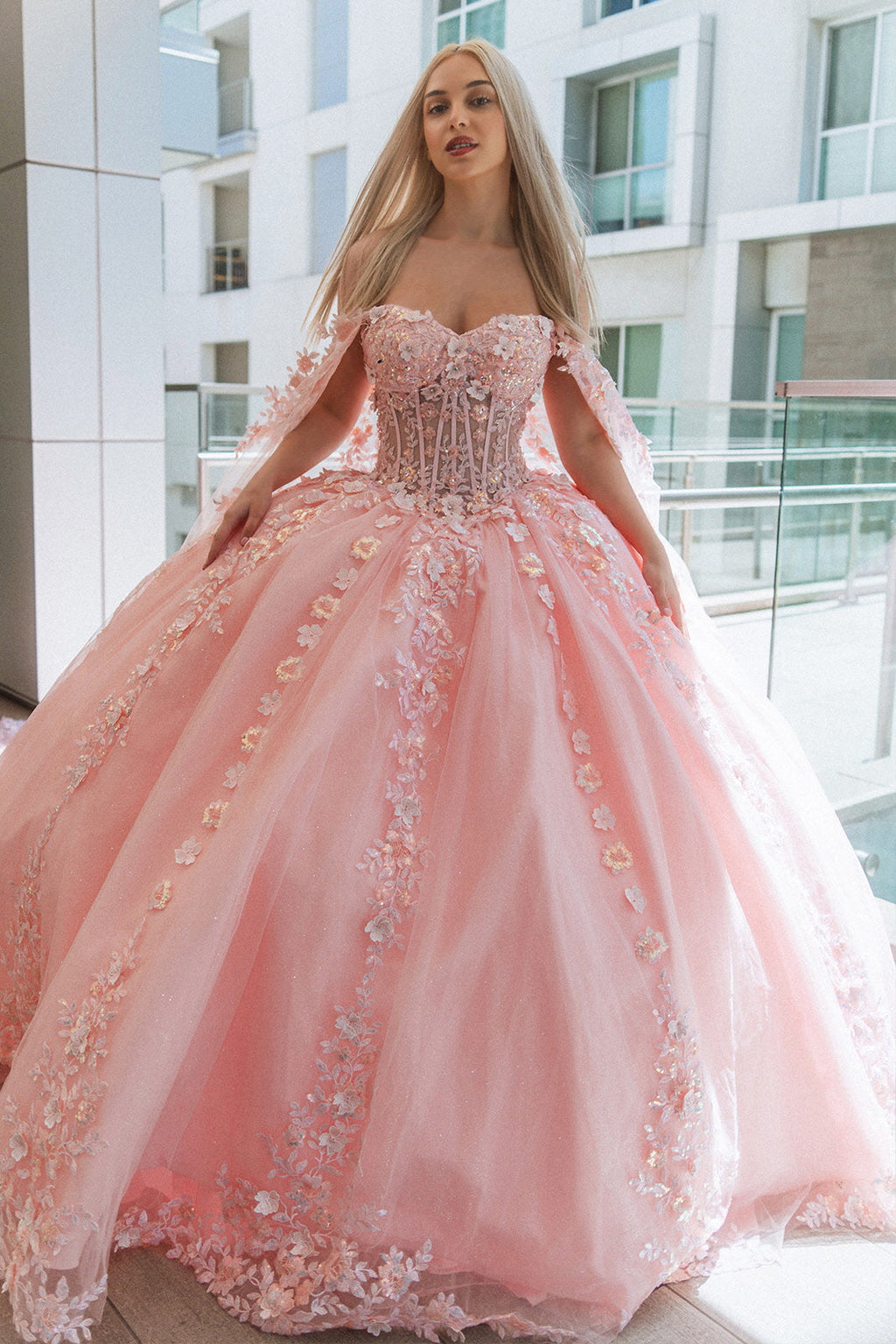 3-D Flower Sheer Bodice Mesh Ball Gown w/ Side Mesh Long Drapes-5