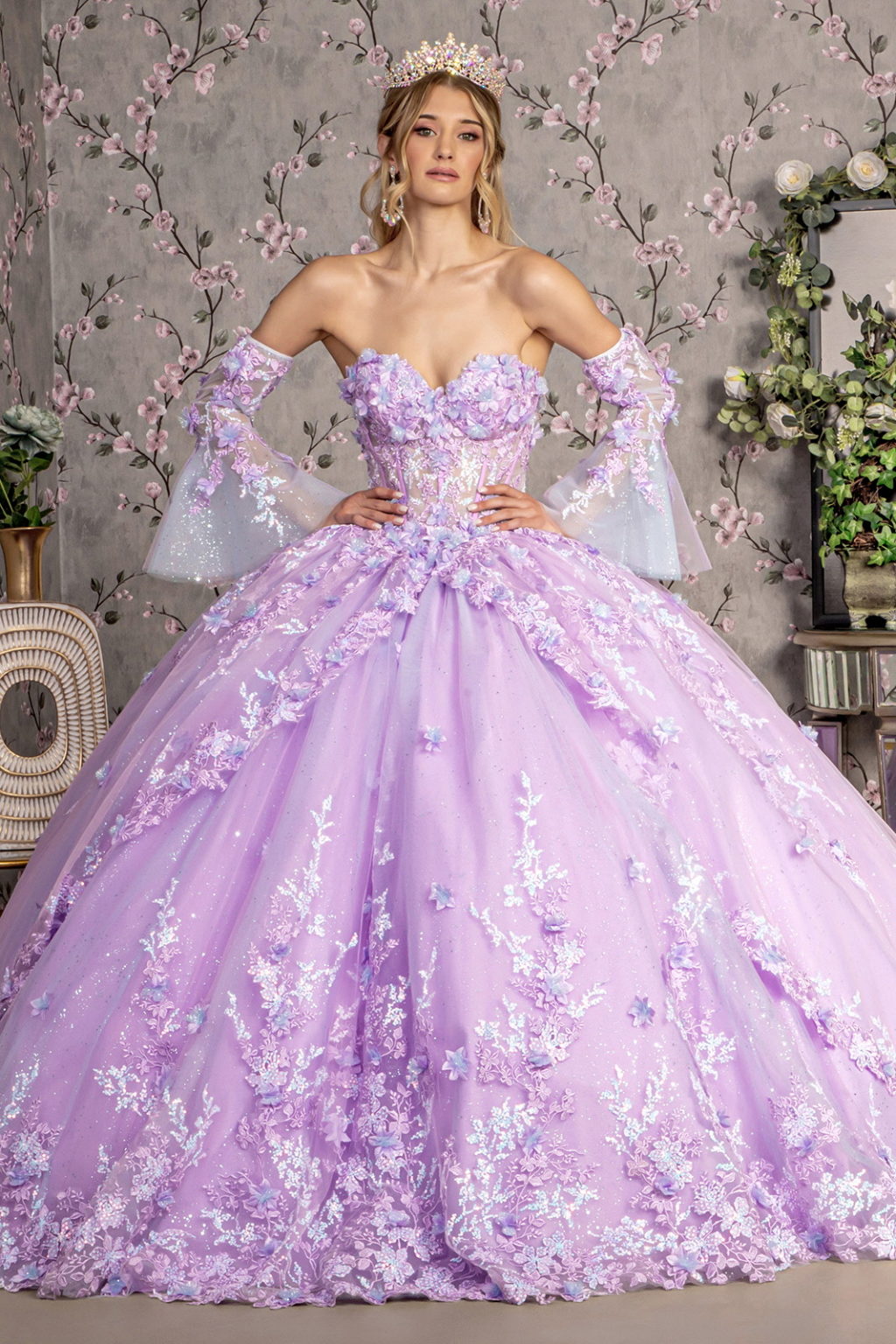 Jewel Sheer Bodice Mesh Ball Gown w/ Long Trumpet Sleeves-1