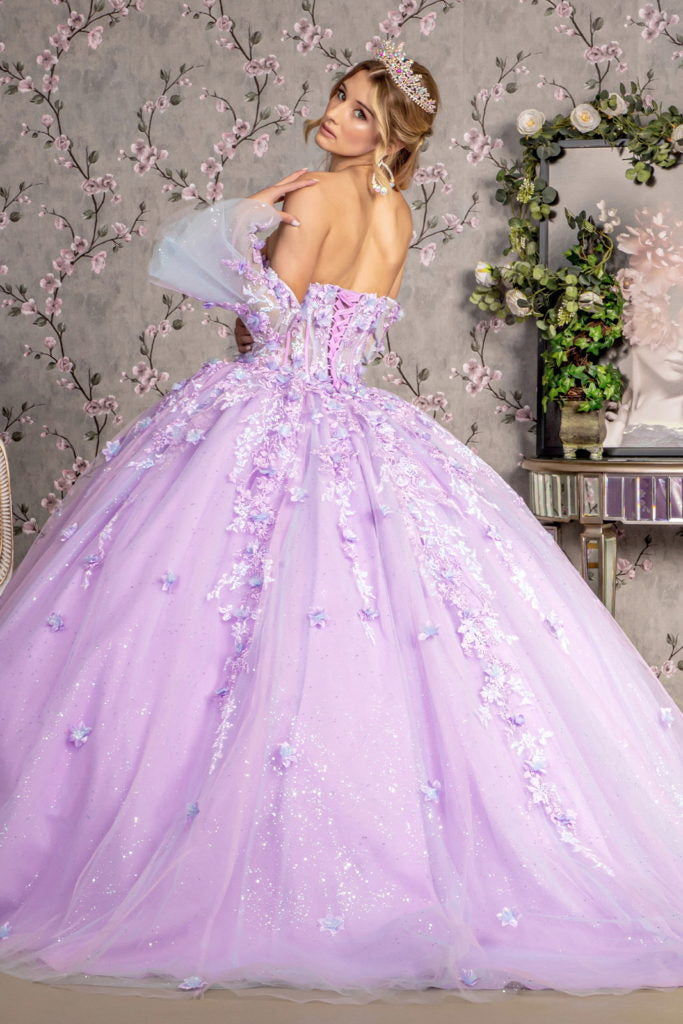 Jewel Sheer Bodice Mesh Ball Gown w/ Long Trumpet Sleeves-2