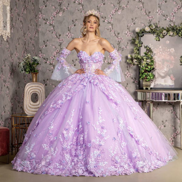 Jewel Sheer Bodice Mesh Ball Gown w/ Long Trumpet Sleeves-3