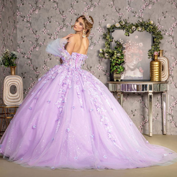 Jewel Sheer Bodice Mesh Ball Gown w/ Long Trumpet Sleeves-4