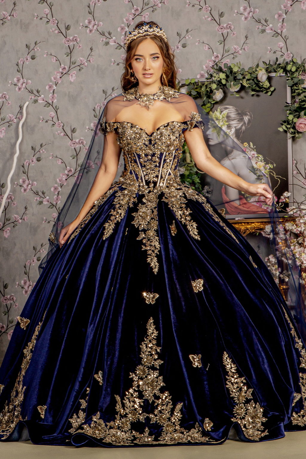 Metallic Embroidery Jewel Velvet Ball Gown w/ Long Mesh Cape-1