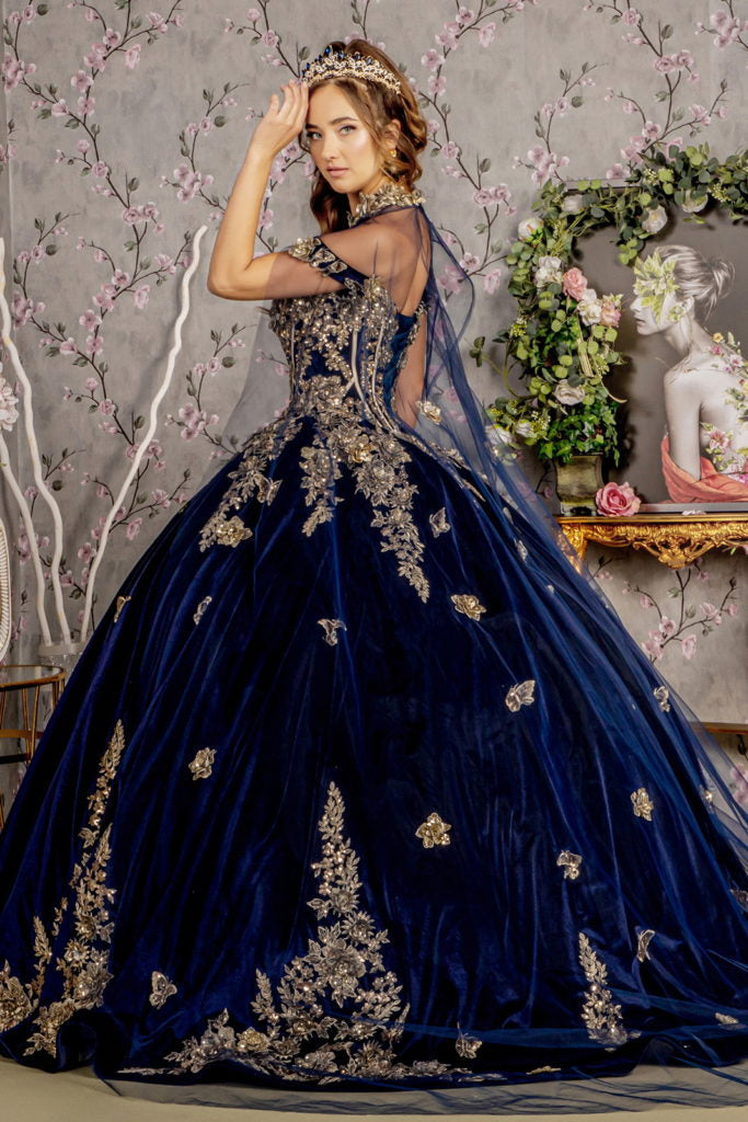 Metallic Embroidery Jewel Velvet Ball Gown w/ Long Mesh Cape-2