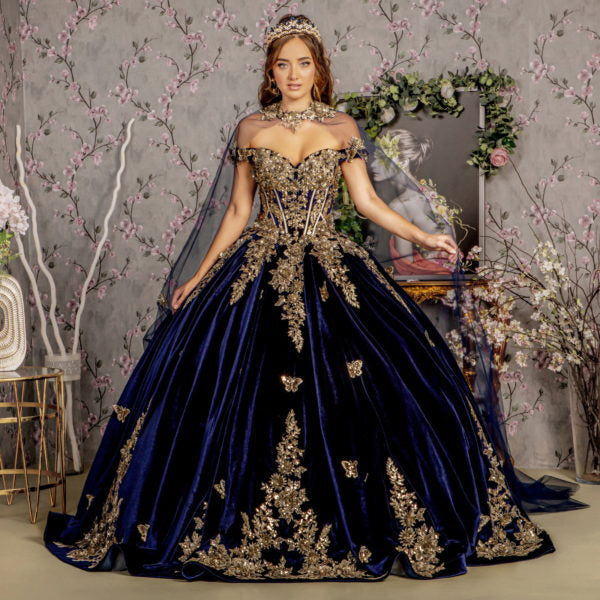 Metallic Embroidery Jewel Velvet Ball Gown w/ Long Mesh Cape-3
