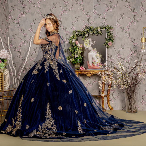 Metallic Embroidery Jewel Velvet Ball Gown w/ Long Mesh Cape-4