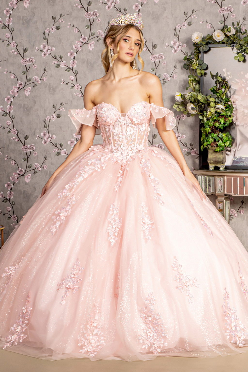 3-D Flower Illusion Sweetheart Sheer Bodice Mesh Ball Gown-1
