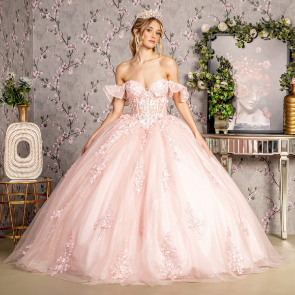 3-D Flower Illusion Sweetheart Sheer Bodice Mesh Ball Gown-3