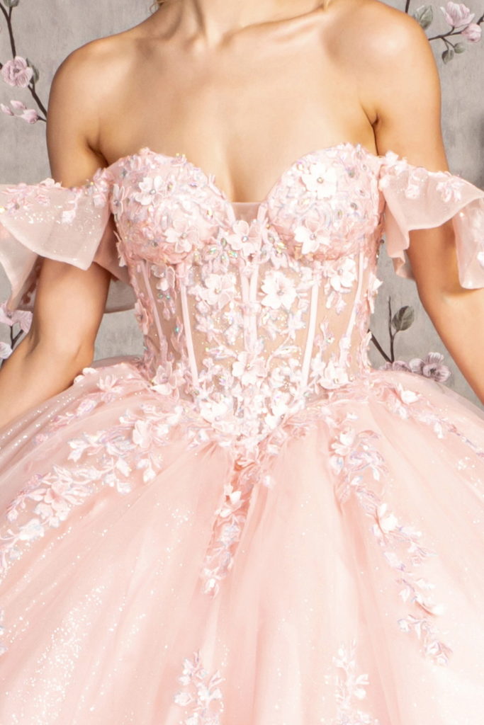3-D Flower Illusion Sweetheart Sheer Bodice Mesh Ball Gown-4