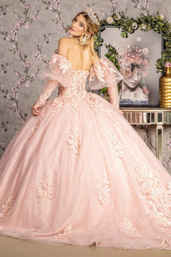 Glitter Embroidery Sheer Bodice Mesh Ball Gown w/ Long Puff Sleeves-2