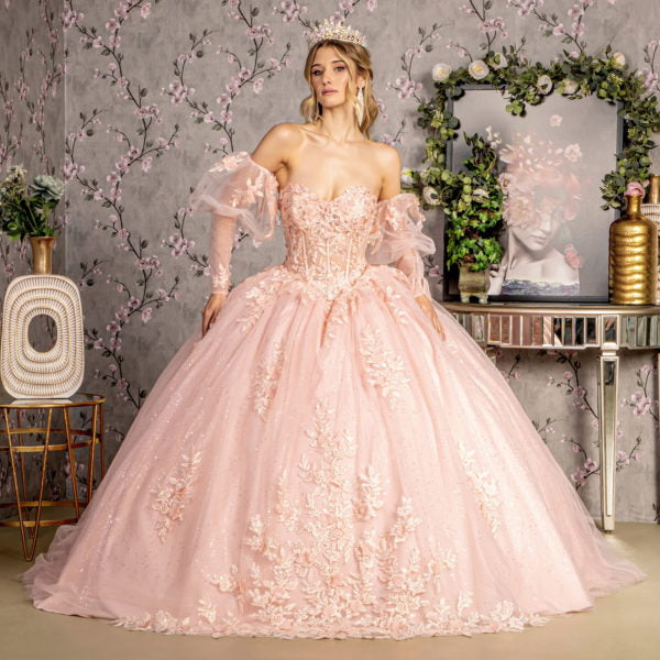 Glitter Embroidery Sheer Bodice Mesh Ball Gown w/ Long Puff Sleeves-3