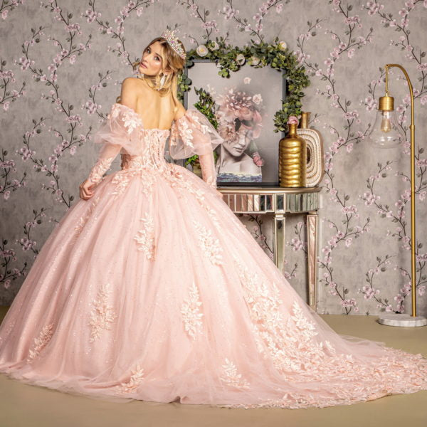 Glitter Embroidery Sheer Bodice Mesh Ball Gown w/ Long Puff Sleeves-4