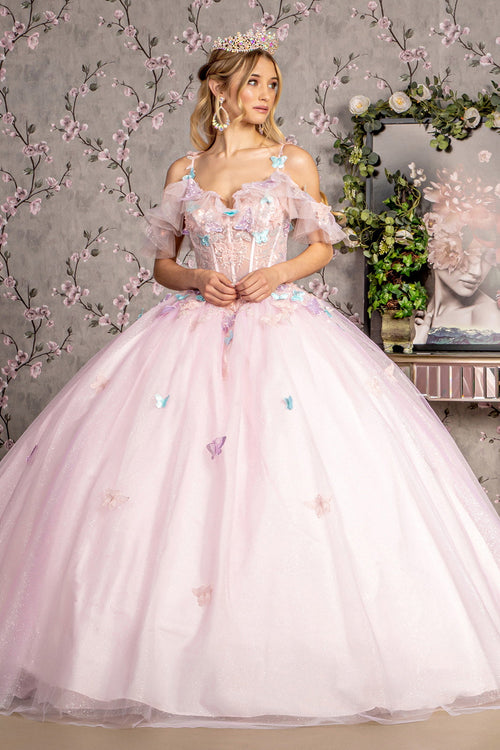 3-D Butterfly Jewel Glitter Ruffled Sweetheart Mesh Ball Gown-1