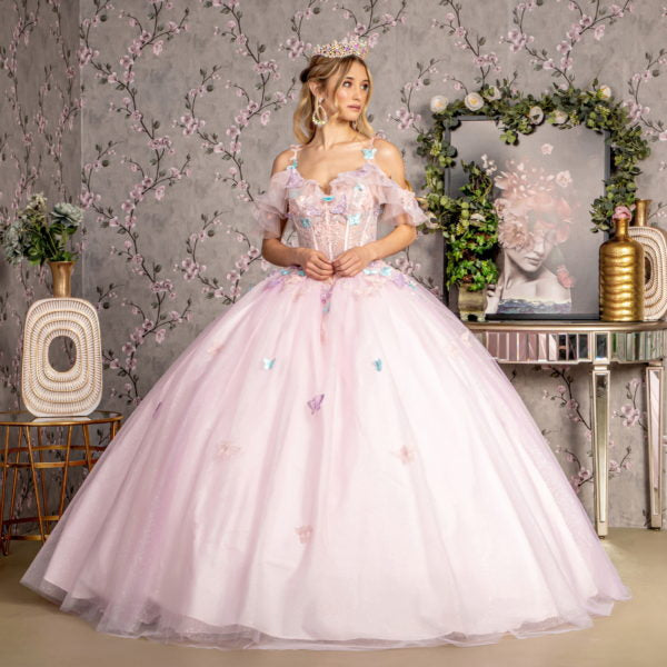 3-D Butterfly Jewel Glitter Ruffled Sweetheart Mesh Ball Gown-3