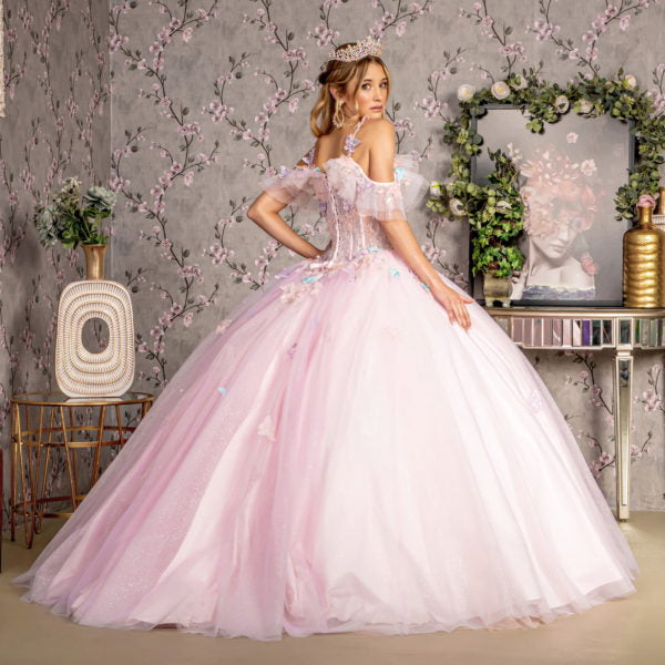 3-D Butterfly Jewel Glitter Ruffled Sweetheart Mesh Ball Gown-4