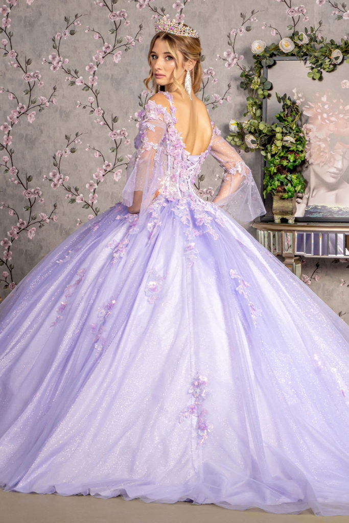 Jewel Glitter Sequin Sweetheart Mesh Ball Gown w/ Long Sleeves-2
