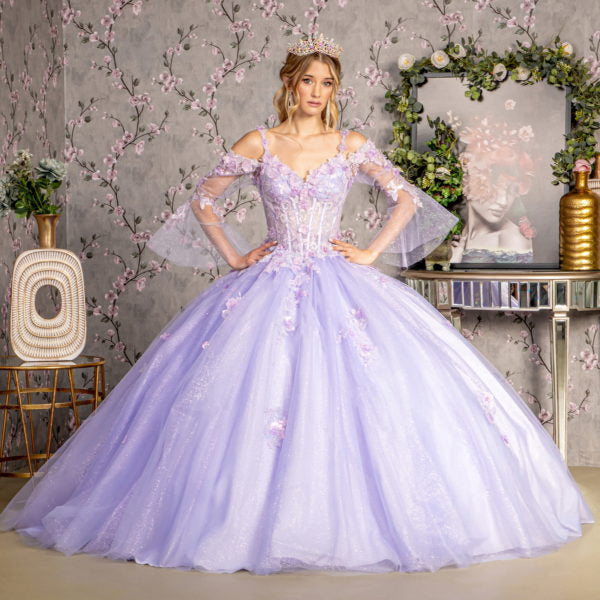 Jewel Glitter Sequin Sweetheart Mesh Ball Gown w/ Long Sleeves-3