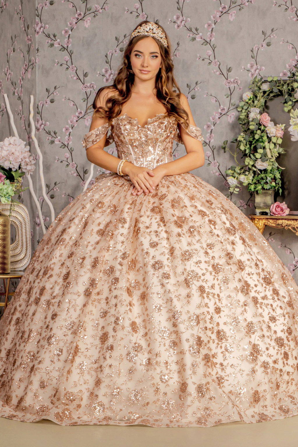 Metallic 3-D Flower Off Shoulder Mesh Ball Gown w/ Ruffled Back-0