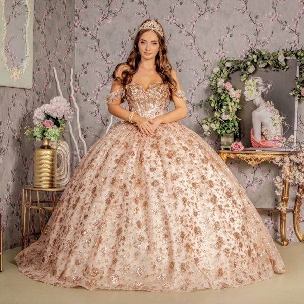 Metallic 3-D Flower Off Shoulder Mesh Ball Gown w/ Ruffled Back-3