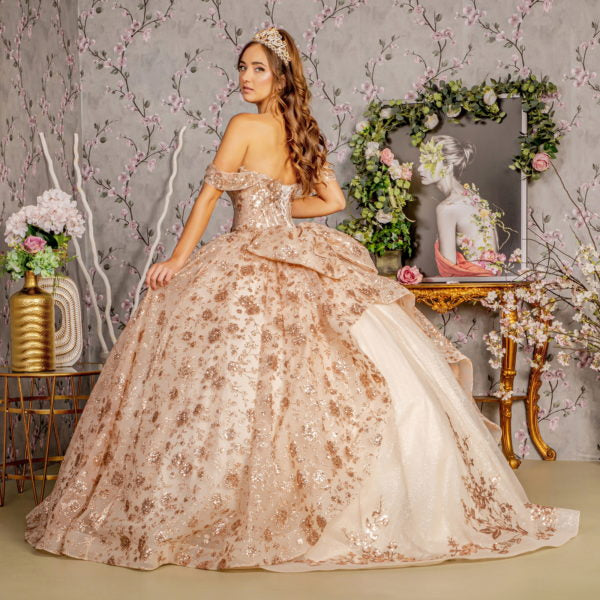 Metallic 3-D Flower Off Shoulder Mesh Ball Gown w/ Ruffled Back-4