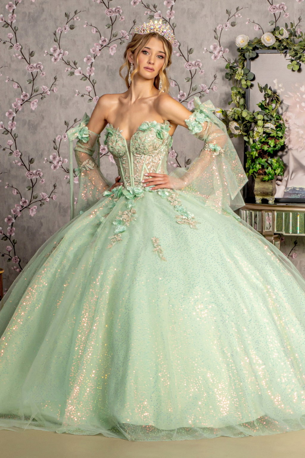 3-D Flower Jewel Sheer Bodice Mesh Ball Gown w/ Long Sleeves-1