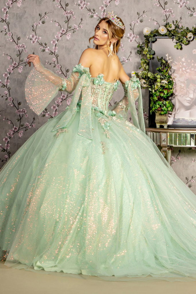 3-D Flower Jewel Sheer Bodice Mesh Ball Gown w/ Long Sleeves-2