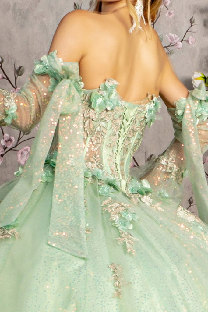 3-D Flower Jewel Sheer Bodice Mesh Ball Gown w/ Long Sleeves-6
