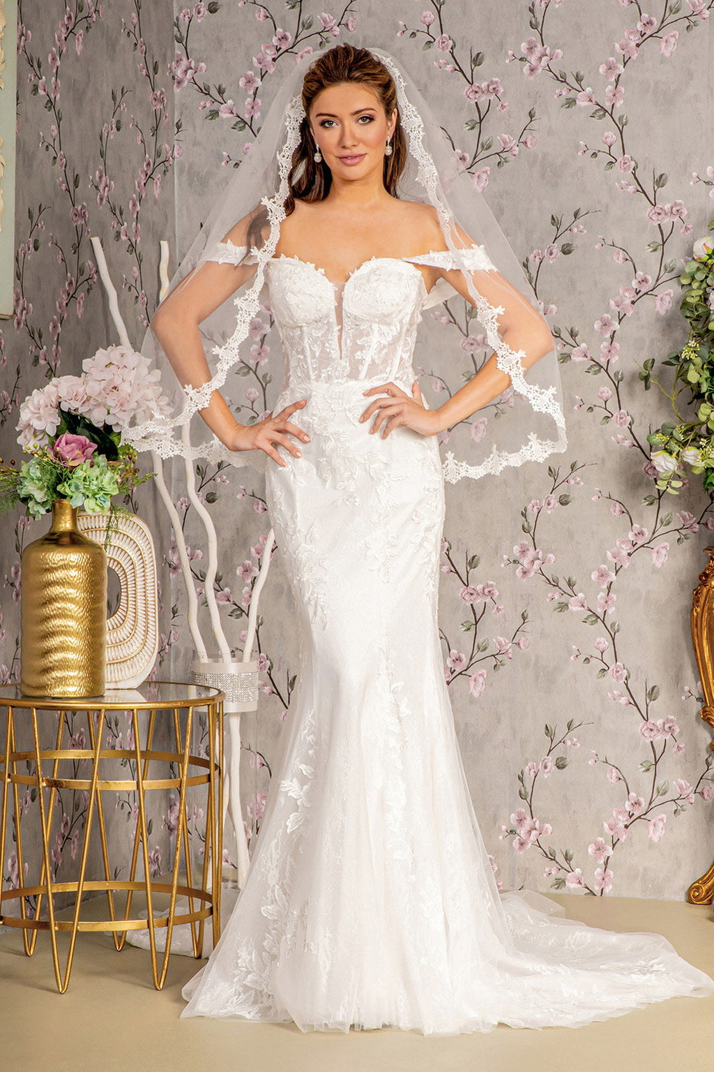 Glitter Off Shoulder Sheer Bodice Mesh Mermaid Wedding Gown-1