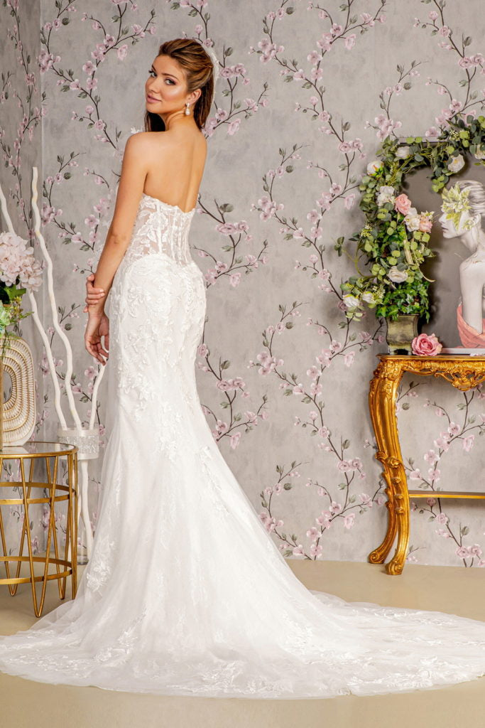 Glitter Off Shoulder Sheer Bodice Mesh Mermaid Wedding Gown-3