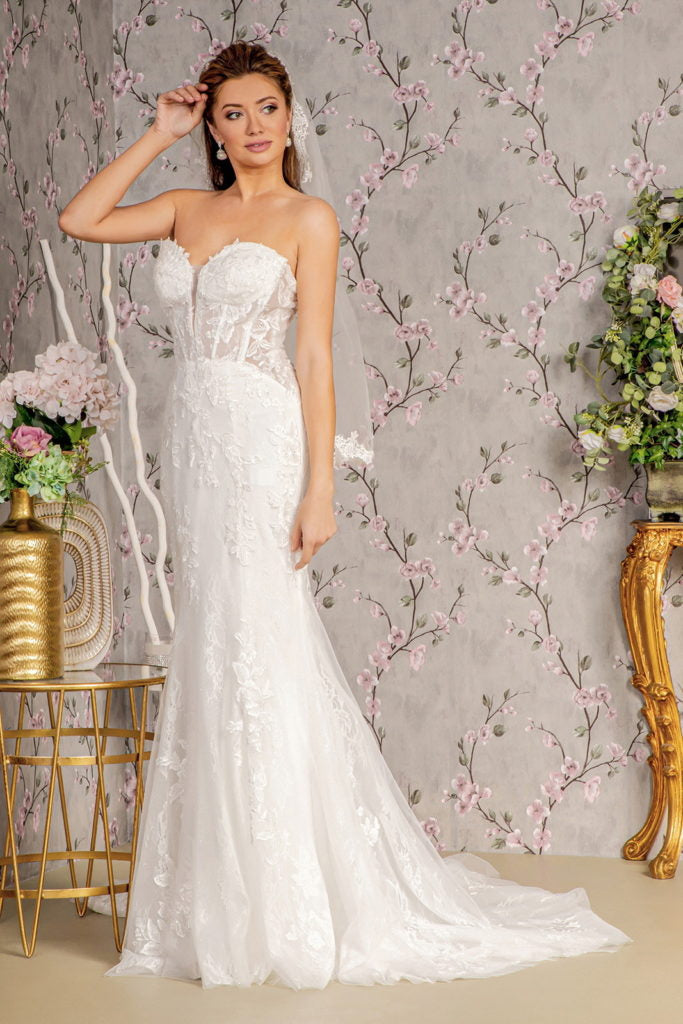 Glitter Off Shoulder Sheer Bodice Mesh Mermaid Wedding Gown-2