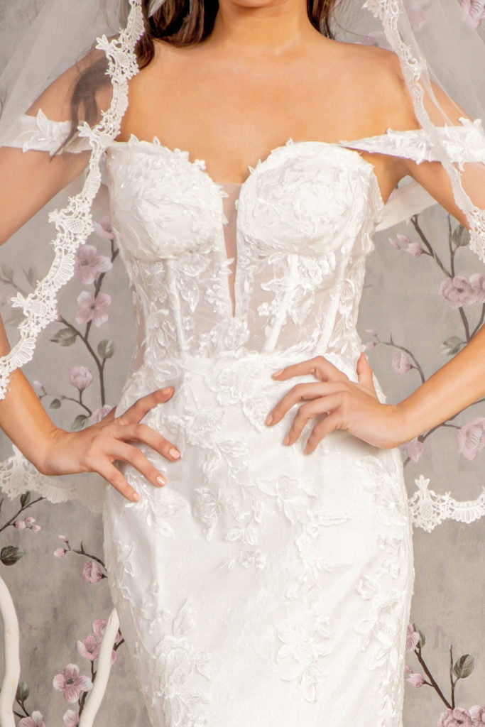Glitter Off Shoulder Sheer Bodice Mesh Mermaid Wedding Gown-4