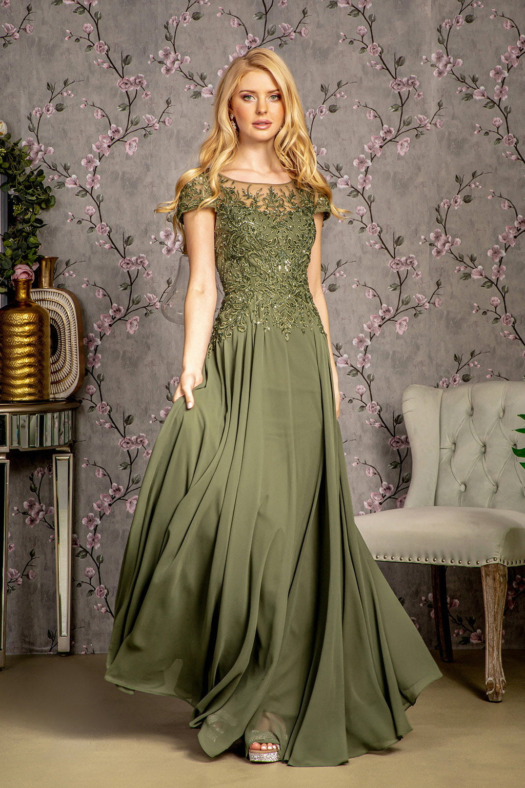 Embroidery Bead Sheer Bodice A-line Chiffon Long Dress-1