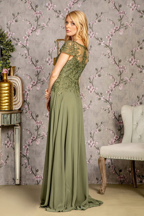 Embroidery Bead Sheer Bodice A-line Chiffon Long Dress-2