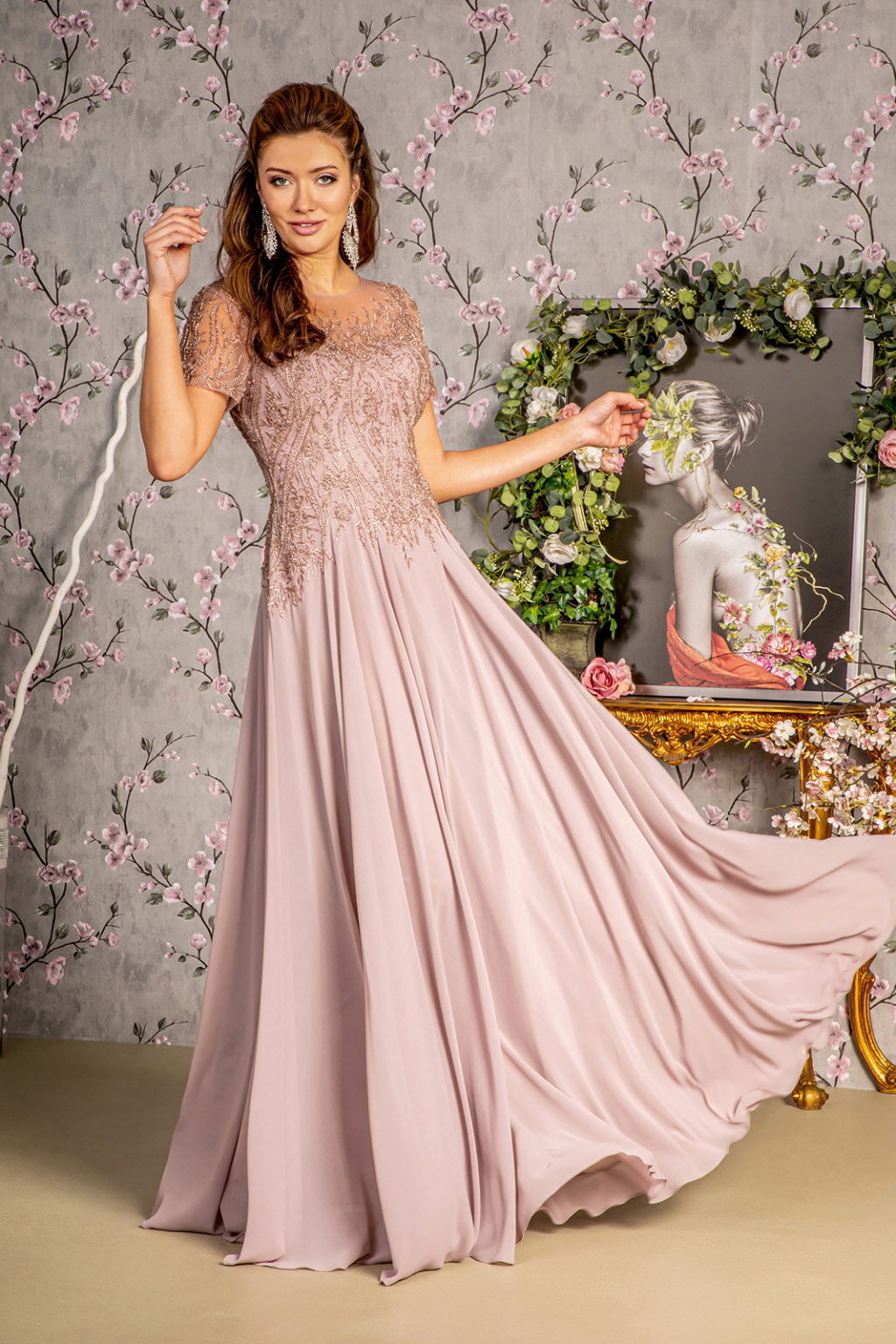 Bead Embroidery Sheer Short Sleeves A-line Mesh Long Dress-1