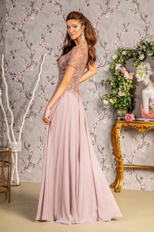 Bead Embroidery Sheer Short Sleeves A-line Mesh Long Dress-2