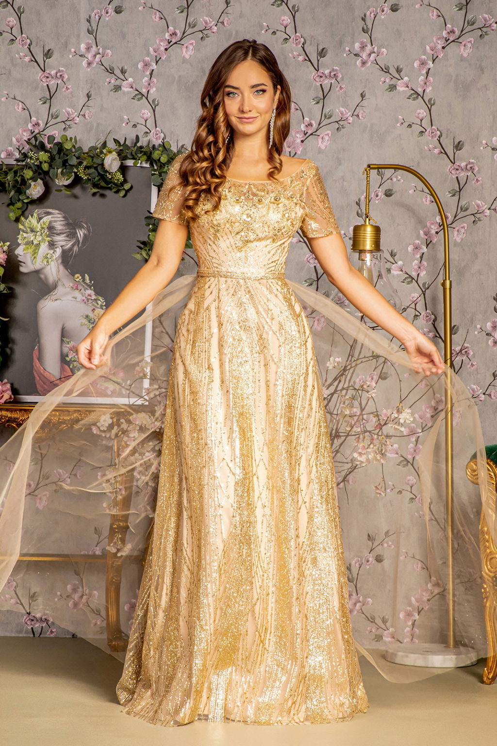 Metallic Bead Mesh A-line Long Dress w/ Waist Band and Long Drape-1