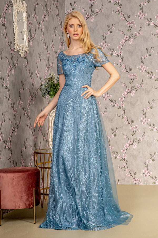Metallic Bead Mesh A-line Long Dress w/ Waist Band and Long Drape-3