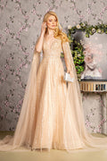 Bead Sequin Mesh A-line Long Dress w/ Side Cape Long Sleeves-1