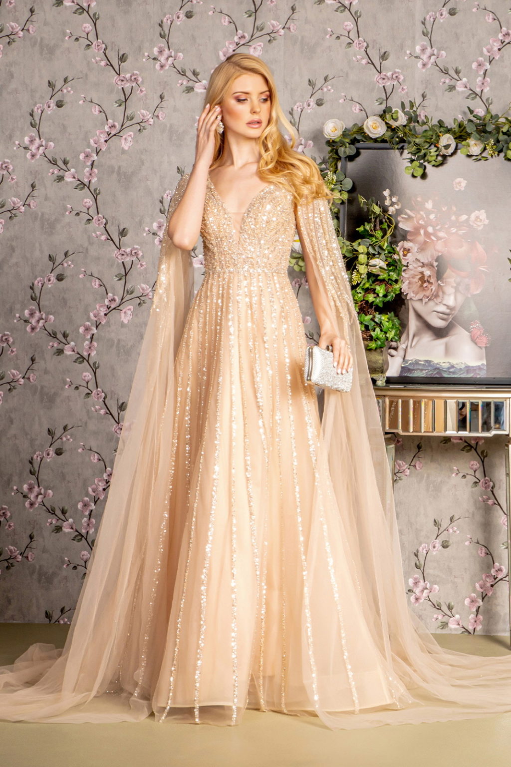 Bead Sequin Mesh A-line Long Dress w/ Side Cape Long Sleeves-1