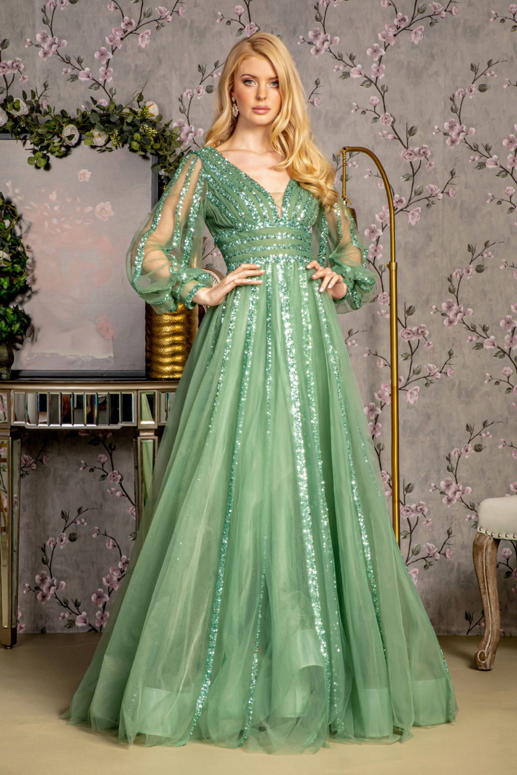 Bead Sequin Mesh A-line Long Dress w/ Sheer Puff Sleeves-1