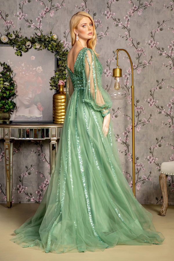 Bead Sequin Mesh A-line Long Dress w/ Sheer Puff Sleeves-2