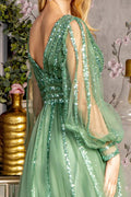 Bead Sequin Mesh A-line Long Dress w/ Sheer Puff Sleeves-4