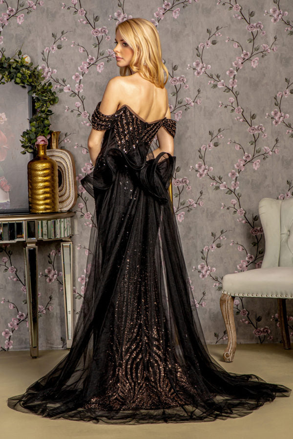 Metallic Sequin Mesh Mermaid Long Dress w/ Detachable Waist Drape-2