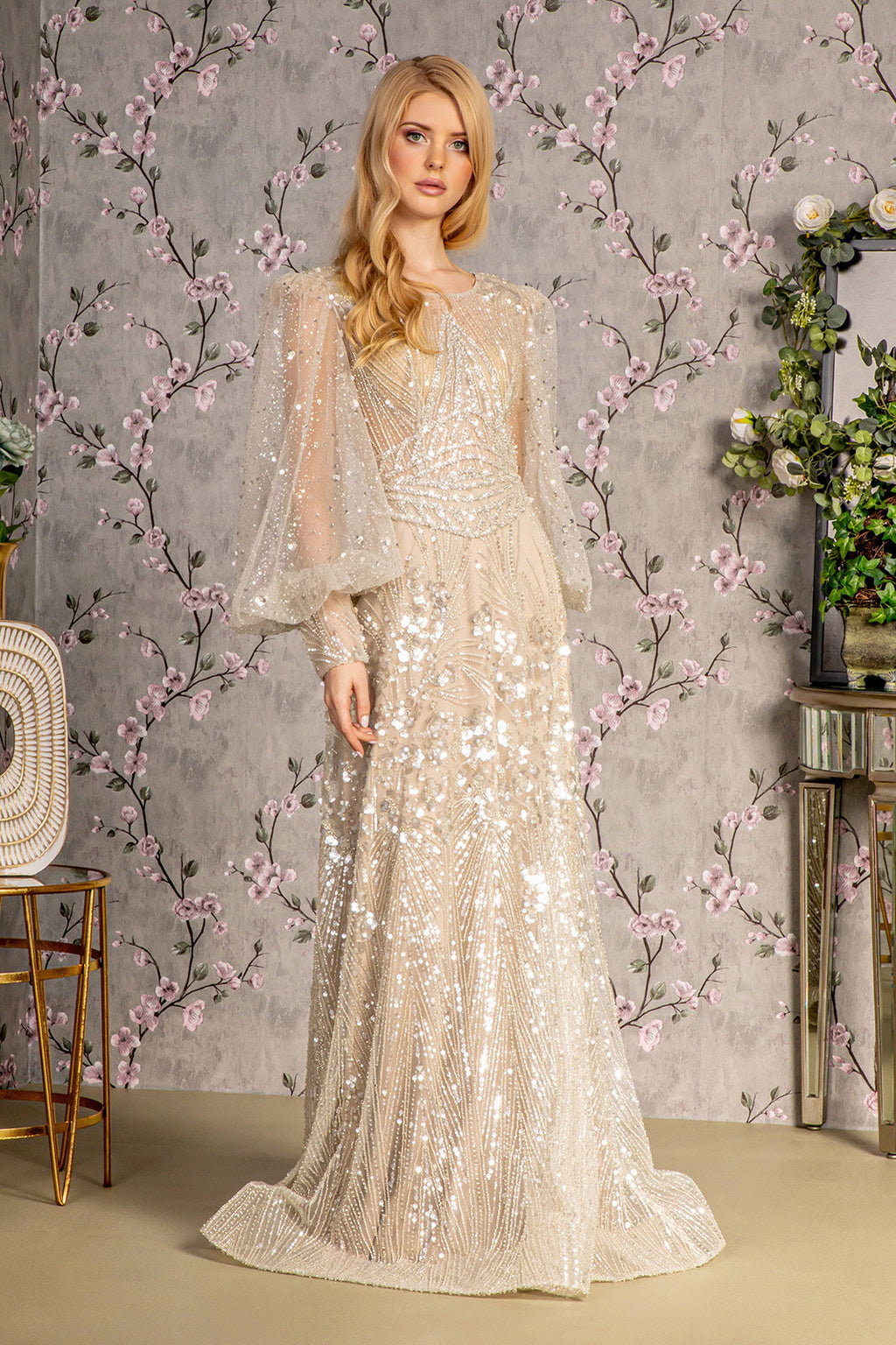 Bead Sheer Bodice Mesh A-line Long Dress w/ Sheer Puff Sleeves-1