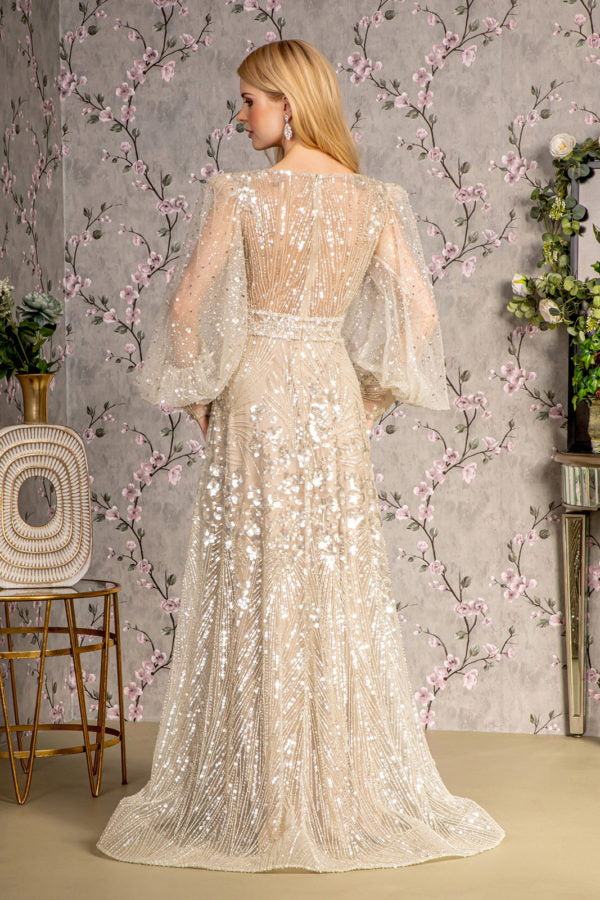 Bead Sheer Bodice Mesh A-line Long Dress w/ Sheer Puff Sleeves-2
