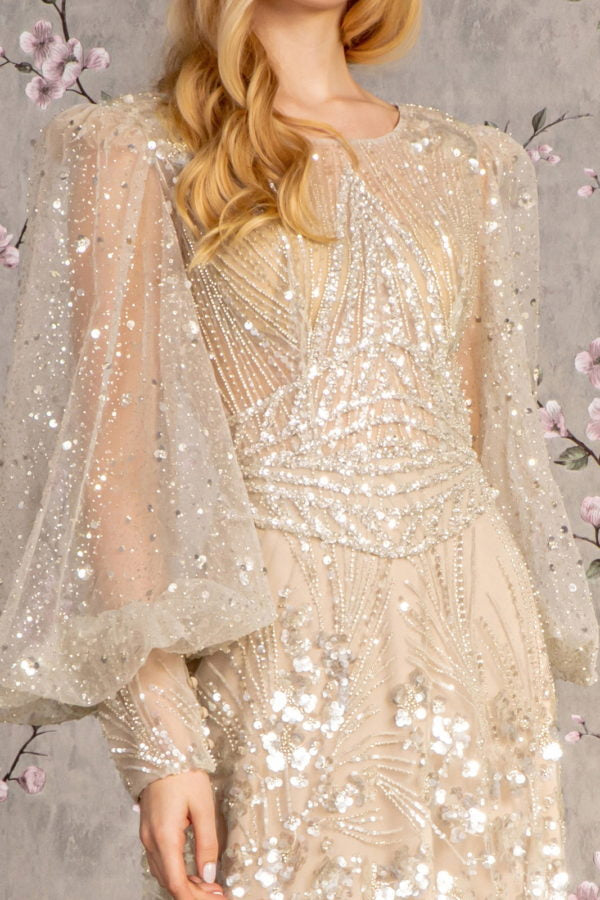 Bead Sheer Bodice Mesh A-line Long Dress w/ Sheer Puff Sleeves-3