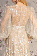 Bead Sheer Bodice Mesh A-line Long Dress w/ Sheer Puff Sleeves-4