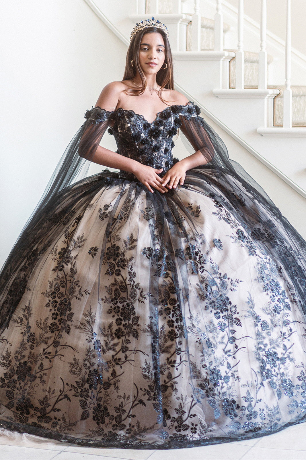 3-D Floral Applique Glitter Pattern Embellished Mesh Quinceanera Gown-1